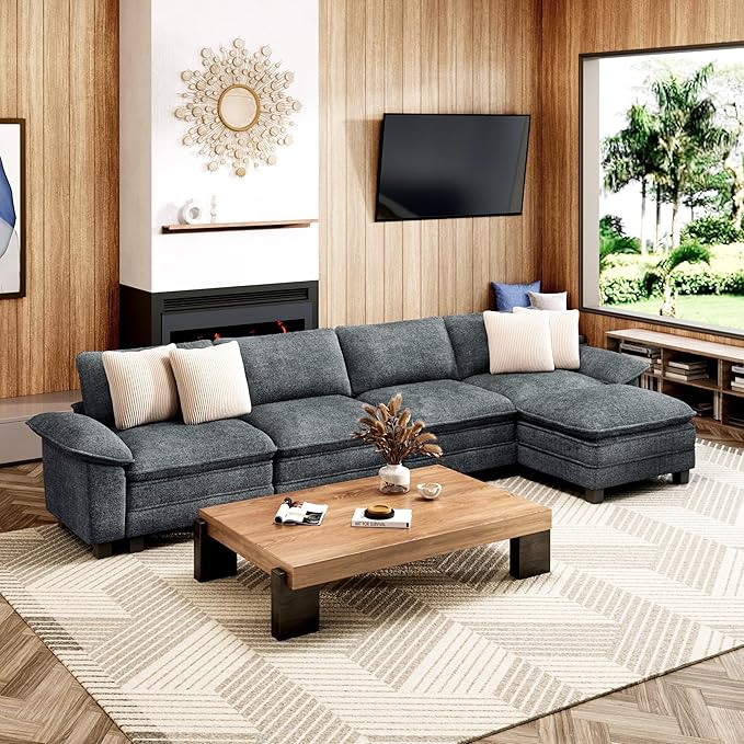 MIXPATIO 157-Inch L Shaped Sectional Sofa with Cloud Cushions, Deep Seat Modular Couch Set w/ 5 Seats & 1 Ottomans, Removable Arms, Plush Chenille Upholstery for Living Room, Apartment - Cyan