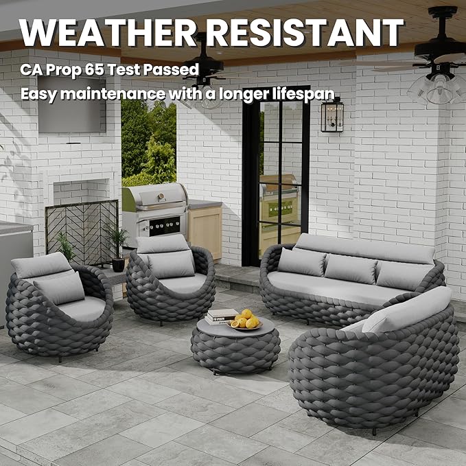 Erotr Lanai Outdoor Furniture Sofa Set: 6-Piece Aluminum Woven Rope Patio Conversation Set w/Table - Modern Cushions Couch Set - No Assembly Porch Seating for Deck Yard Garden Pool Hotel Resort