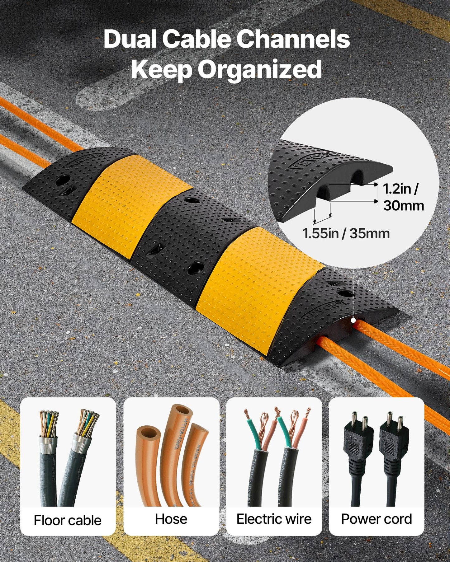 Vevor 40 In Rubber Speed Bump, 2 Pack, 2 Channel Heavy Duty Traffic Speed Hump, 22000 Lbs/Axle Load Capacity, Cable Protector Ra