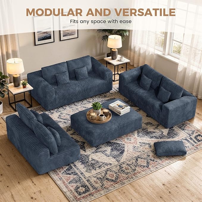 136'' Large Sectional Cloud Couches with Chaise, U Shaped Boneless Sofa Bed with Ottoman, No Assembly Required Deep Seat Modular Lounge for Living Room 4PCS Set, Bedroom(Grey)