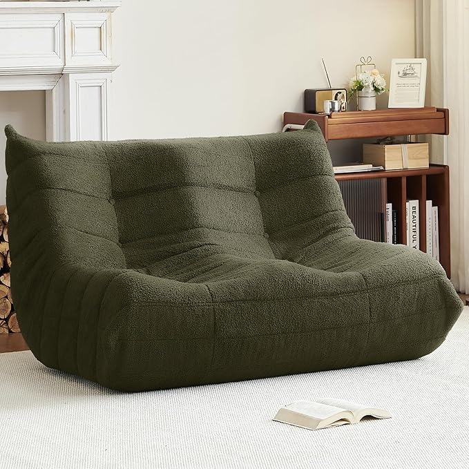 Bean Bag Chair, Loveseat Fireside Chair Bean Bag Sofa for Adults, 2 Seater Bean Bag Chairs for Teens with High-Resilience Foam, Memory Foam Bean Bag for Living Room, Bedroom, Office(Teddy, Dark Green)