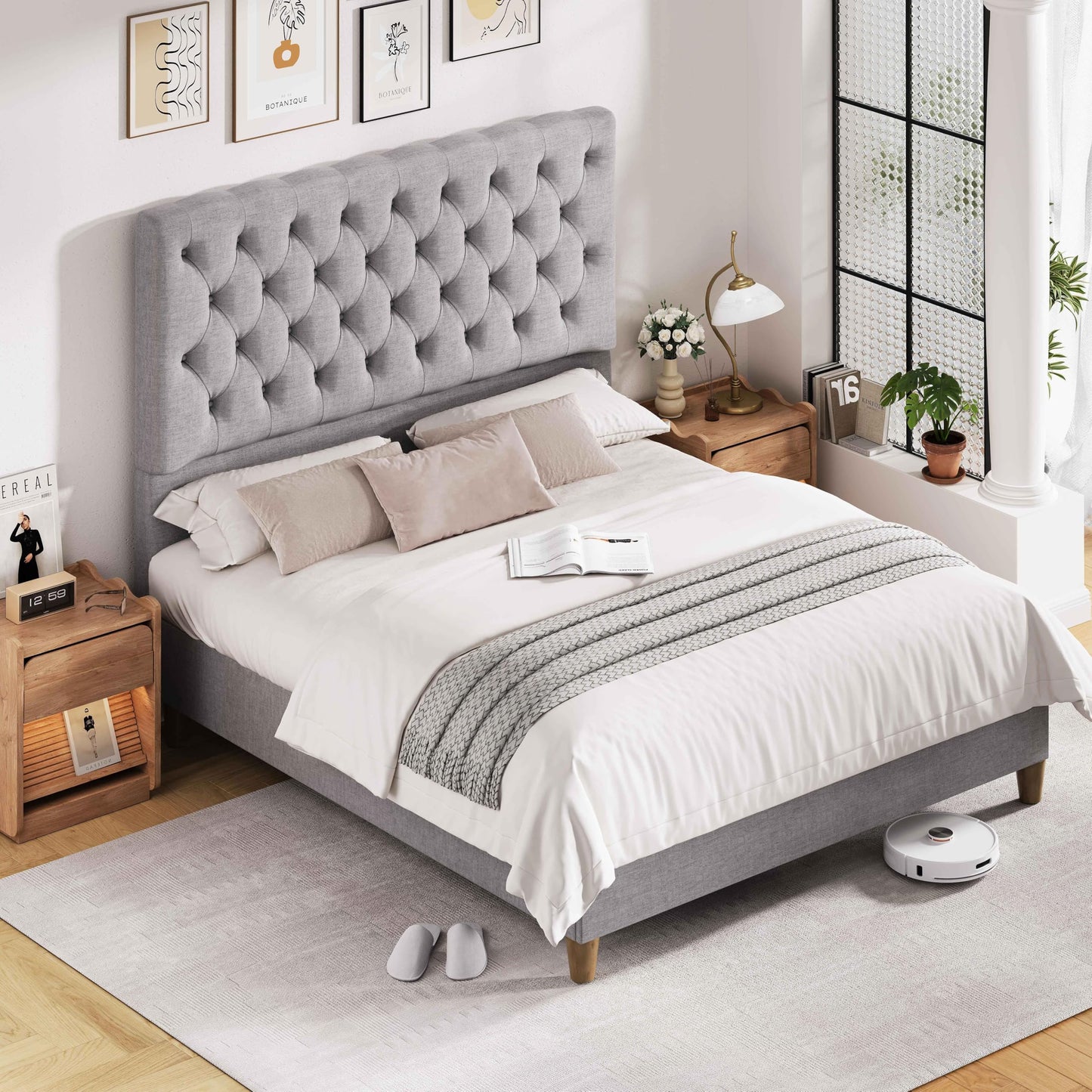 Algglobuy Queen Upholstered Bed Frame with 52.75" Tall Headboard, Platform Queen Bed with Deep Button Tufted, Solid Wood Slats Support, No Box Spring Needed, Noise-Free, Grey