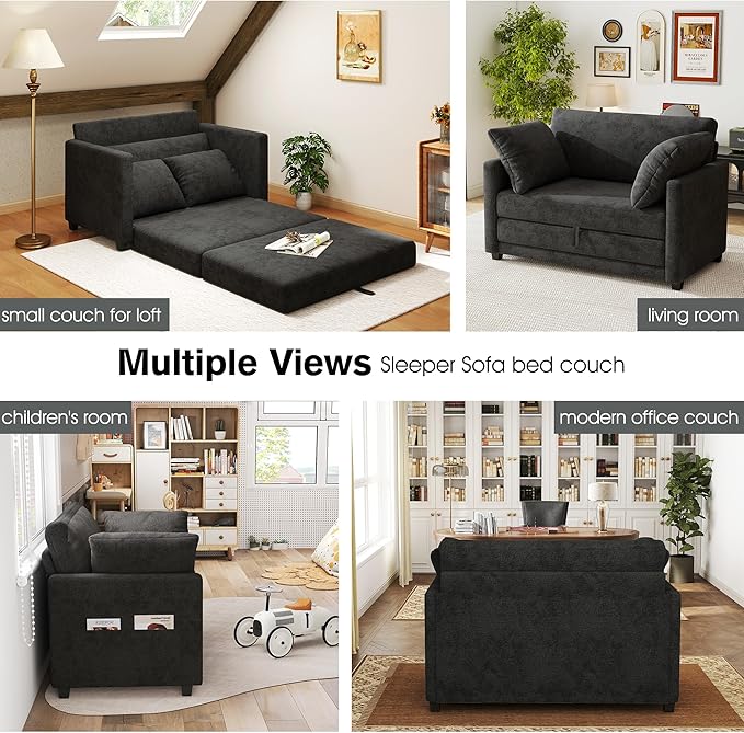 kakuboohi 51" Loveseat Sleeper Sofa Bed, Chenille Convertible Floor Sofa Bed for Small Spaces, Folding Couch Bed with Deep Seat, 2 Pillows & Solid Frame, Pull Out Floor Couch for Living Room, Black