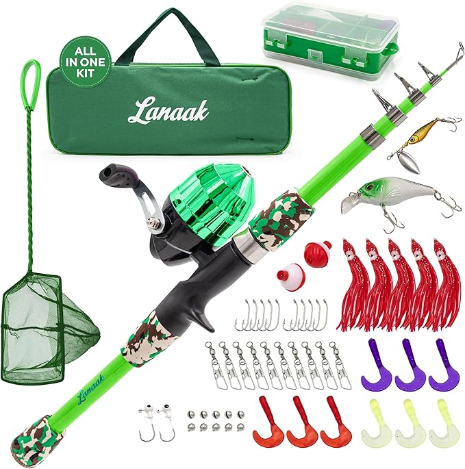 Lanaak Kids Fishing Pole, Kids Portable Telescopic Fishing Rod Set, Tackle Box and Fishing Net Combo Kit, Kids Fishing Gea...
