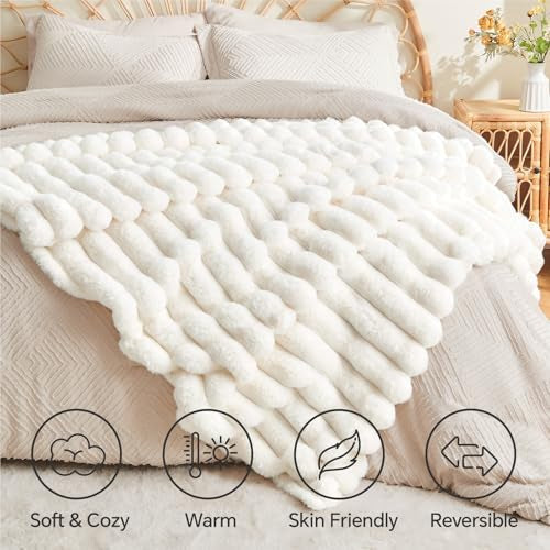 BEDELITE Faux Fur Throw Blanket for Couch, Soft and Cozy Luxurious 3D Striped Fluffy Blanket, 770GSM Thick Warm Plush Fuzz...