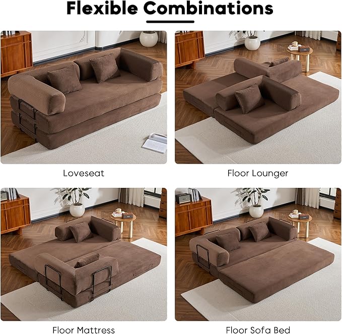ZEIINPA Convertible Sleeper Sofa Bed, Corduroy Floor Couch with Fixed-Shape Frame, Comfy Modular Floor Sofa with Pull Out Bed, Sleeper Loveseat Boneless Couch for Living Room, Brown