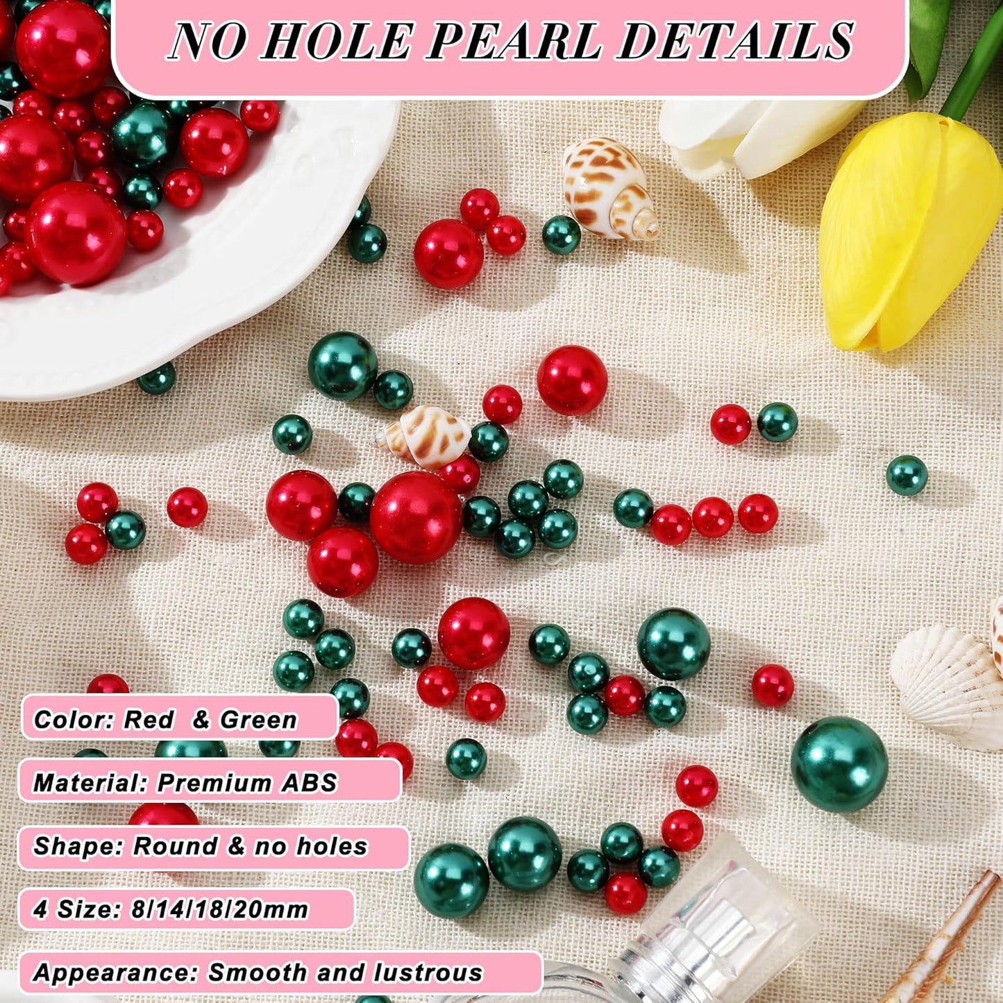 Pearl Beads No Hole Pearls for Crafting 180 Pcs Fake Pearls Faux Pearls for DIY Crafts Jewelry Making Vase Filler Floating Candle Wedding Birthday Party Home Decorations (Red & Green, 8/10/14/20mm)
