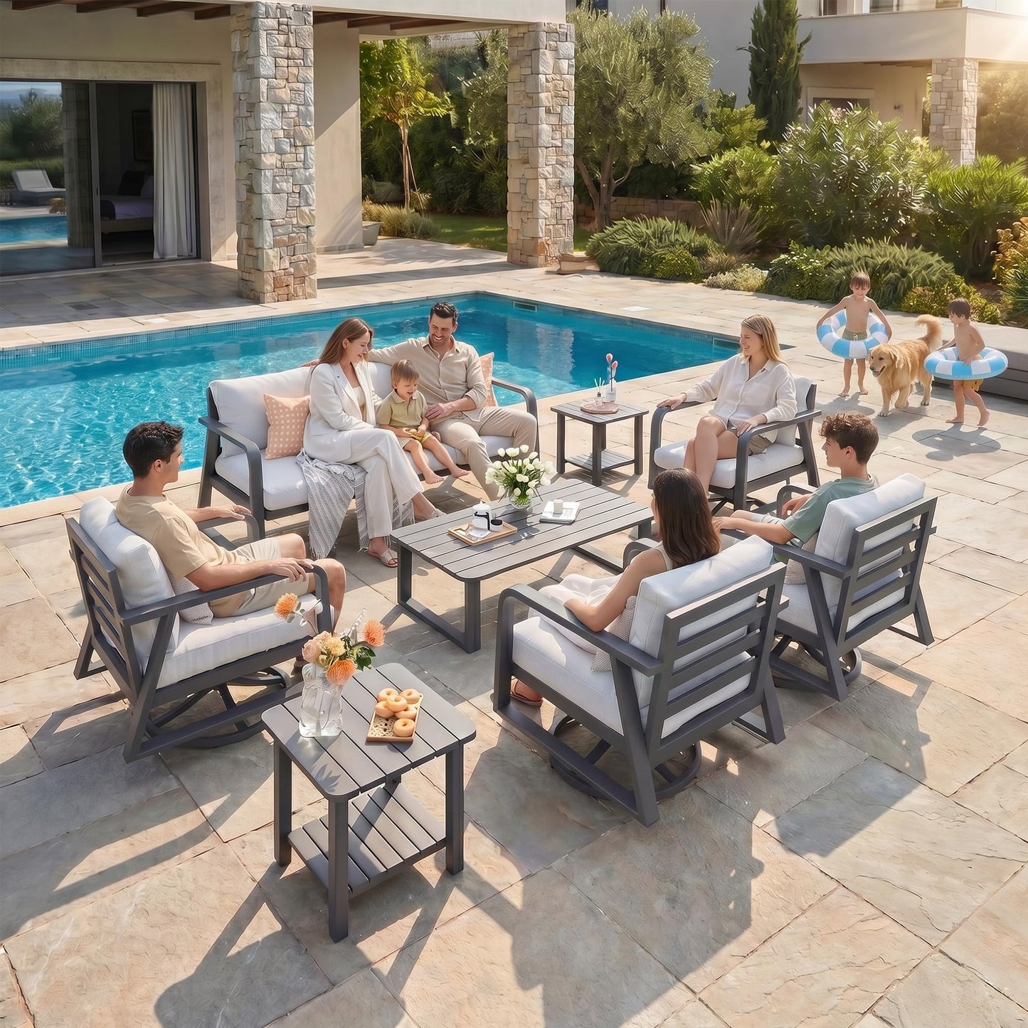 Outdoor Patio Metal Furniture Set 8 Pieces, Luxury Aluminum Outdoor Conversation Set, Aluminum Patio Outdoor Metal Furniture Set for Backyard, Garden, Poolside, Sunroom, Deck