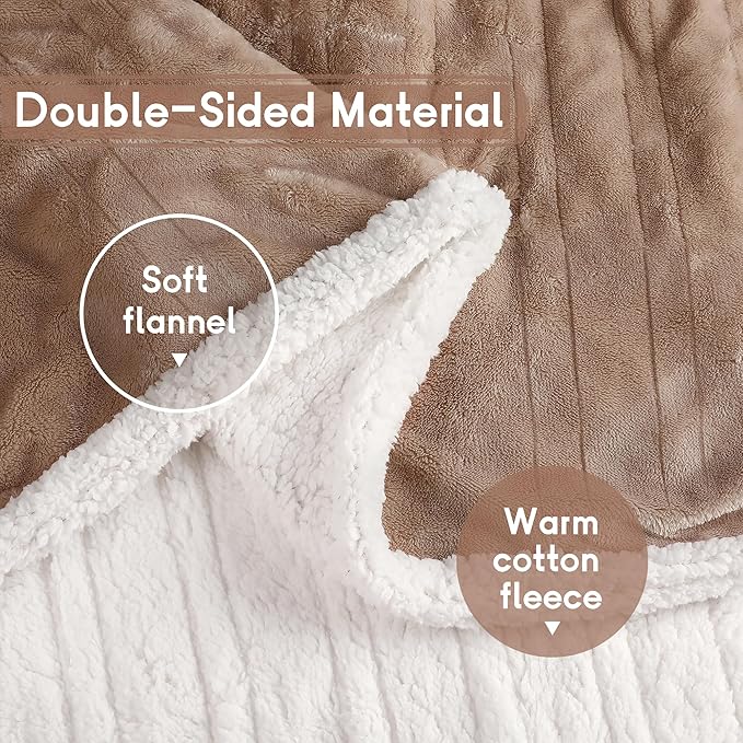 Heated Blanket Electric Throw Size 50''x60'' with 9 Heating Levels, 3 Hour Auto Shut Off, Machine Washable, Flannel & Sherpa Double-Sided Soft Warming Blanket for Couch, Bed, Office - Brown