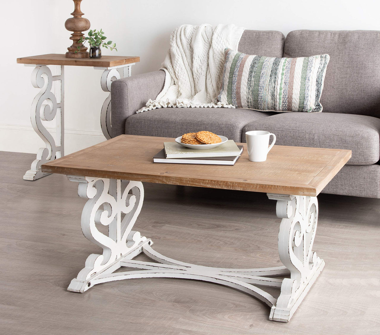 Kate and Laurel Wyldwood Rustic Carved Coffee Table, 38" x 23" x 18", Distressed Brown and White, Farmhouse-Inspired Living Room Decor