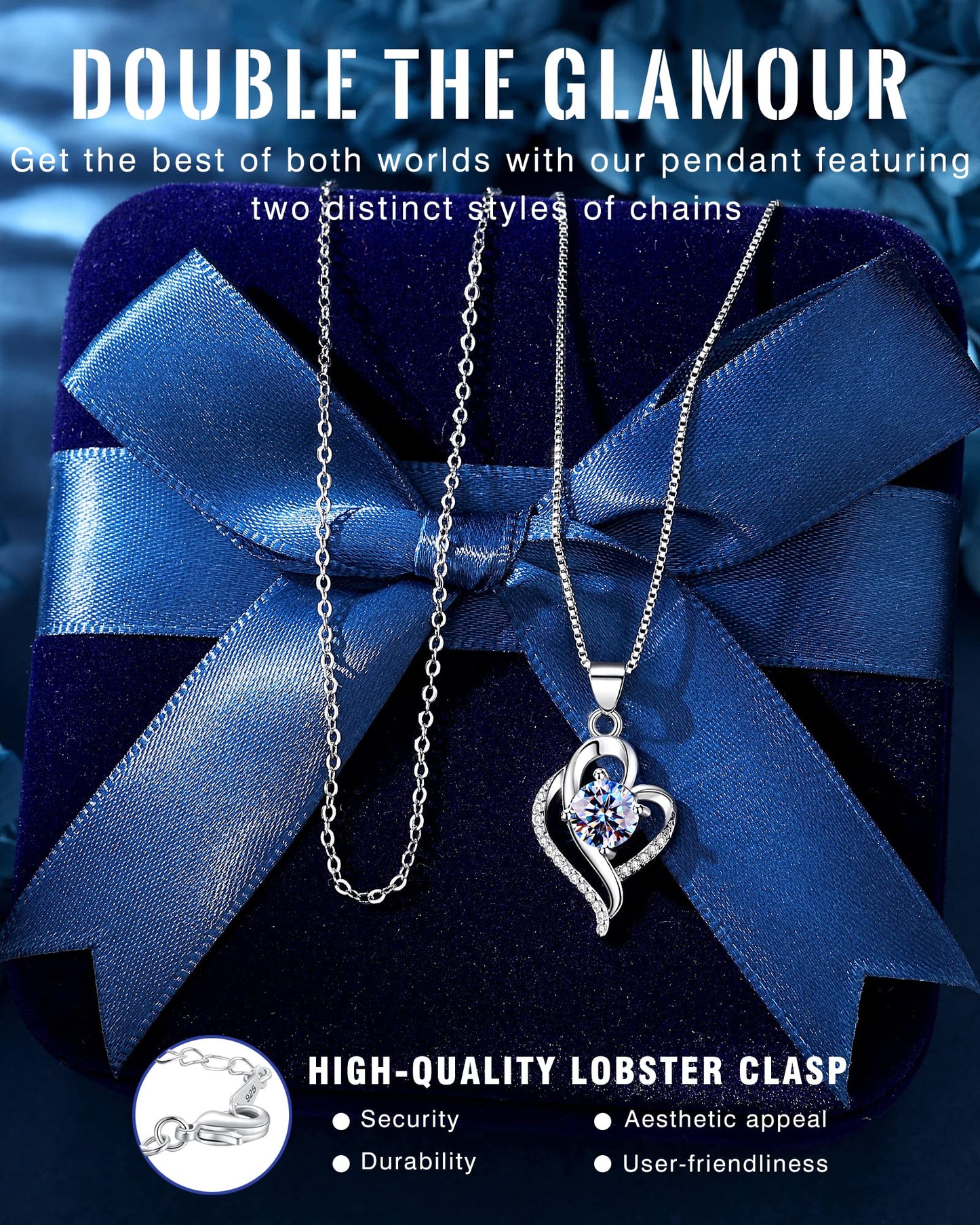 Wedding Anniversary Jewelry Gift for Wife from Husband, Wife Birthday Gift Idea, 1 Carat Moissanite Diamond Pendant Necklace in 925 Sterling Silver with 2 Chains, Romantic and Elegant Present for Her
