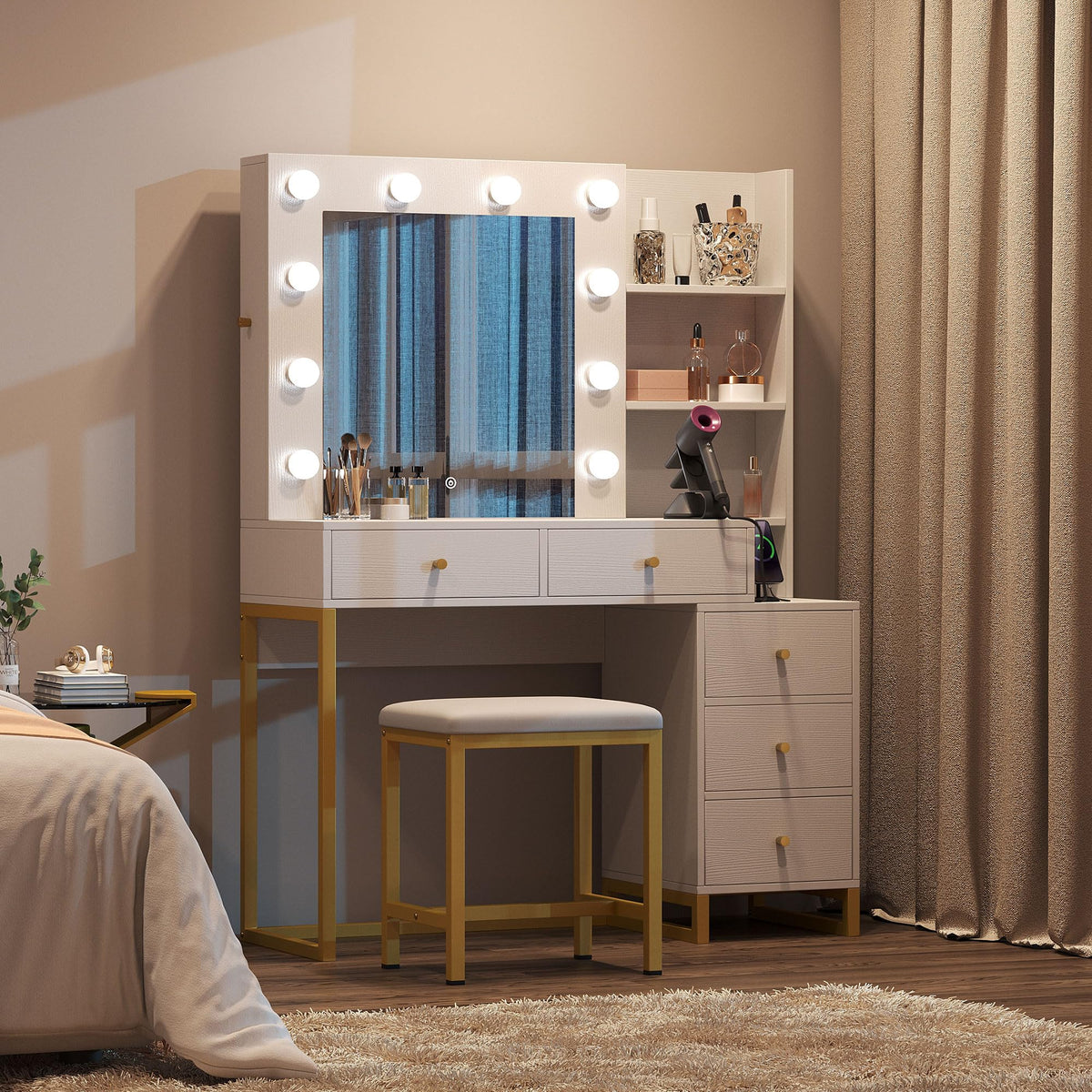 YITAHOME Makeup Vanity Desk with Mirror & Power Outlet, Hollywood Vanity Set with Hidden Jewelry Storage, 5 Drawers and Lots Shelves, Adjustable 3 Lighting Colors, Dressing Table with Stool, White