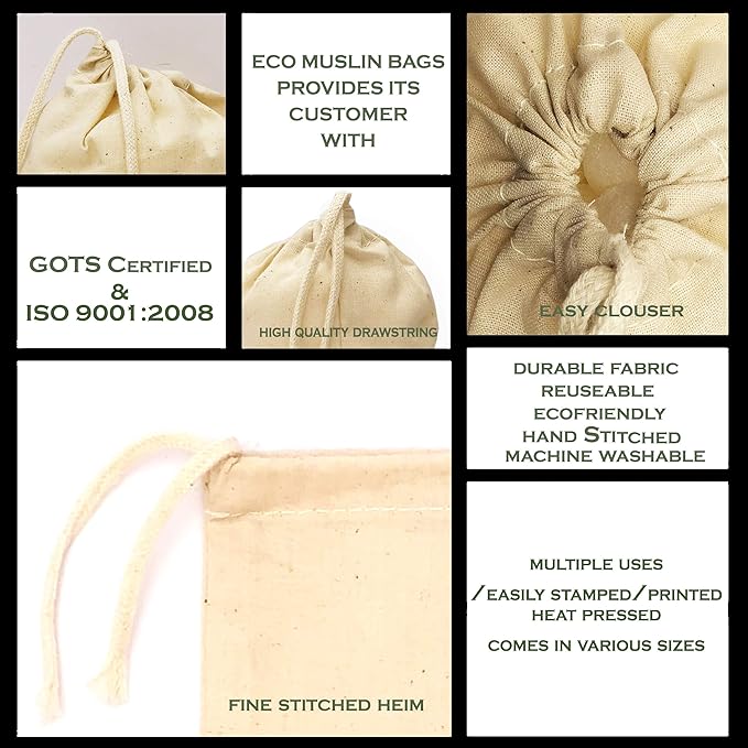 5x7 Inches Natural Cotton Reusable Produce Muslin Bags – Multipurpose Drawstring Storage Pouch for Everyday Use (50)