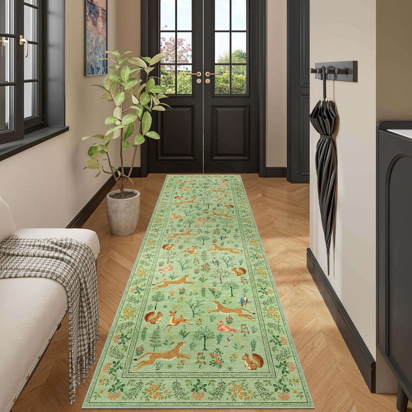 DUKINO 2x10 Rug for Hallway, Washable Kitchen Runner Rug with Non Slip Backing, Soft Low Pile Vintage Animal Runner for Bedroom, Kitchen, Hallway, Entryway, Laundry, Light Green