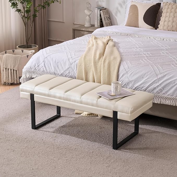 AIITTCC Faux Leather Ottoman Bench, Tufted Padded End of Bed Bench with Metal Legs, Upholstered Shoe Bench for Bedroom Living Room Entryway Window (Beige White, 46" Wide)
