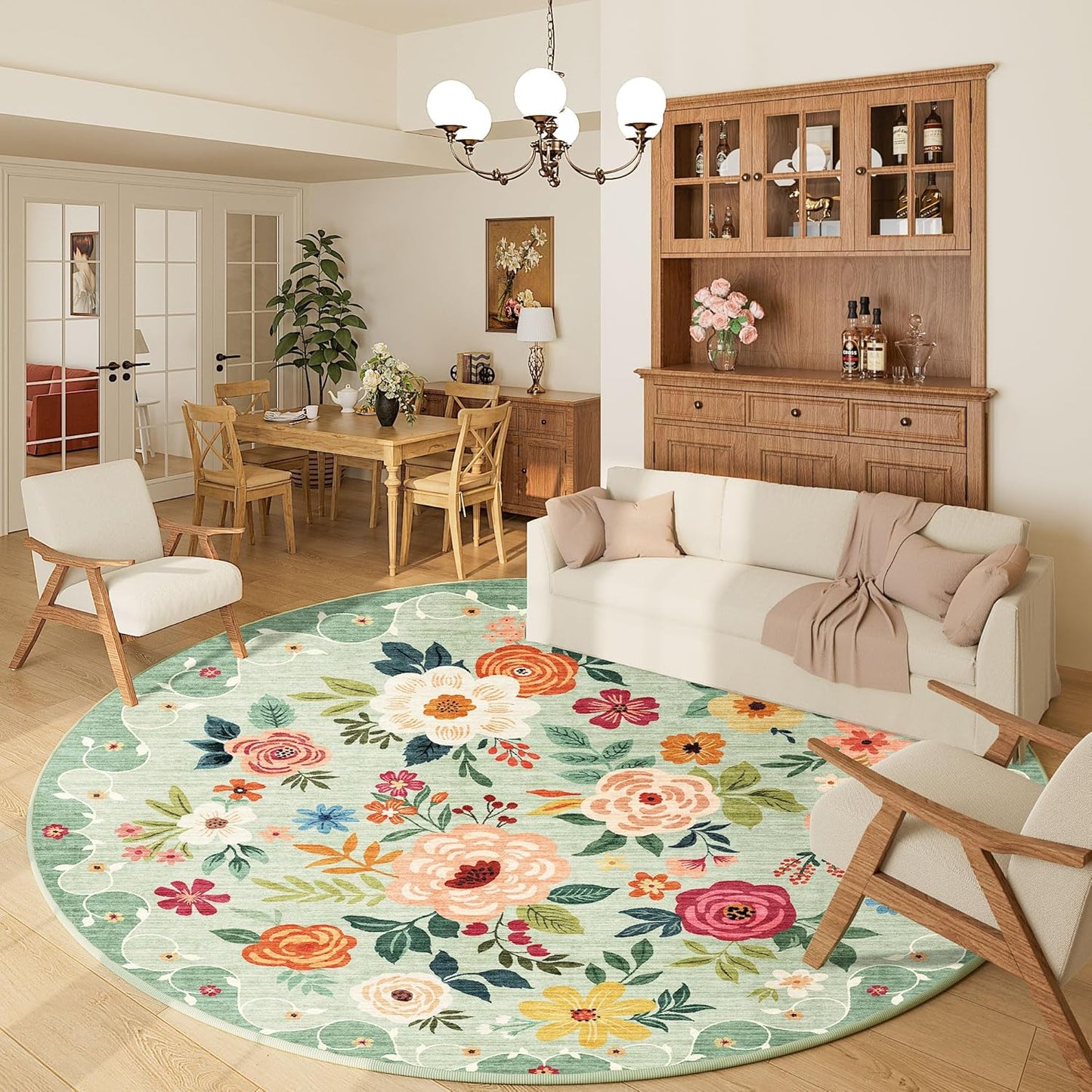DUKINO Floral Round Rug, 6ft Washable Circle Rug, Non Slip Indoor Low Pile Circle Rug, Soft Small Boho Design Carpet for Bedroom, Entryway, Living Room, Dining Room, Green