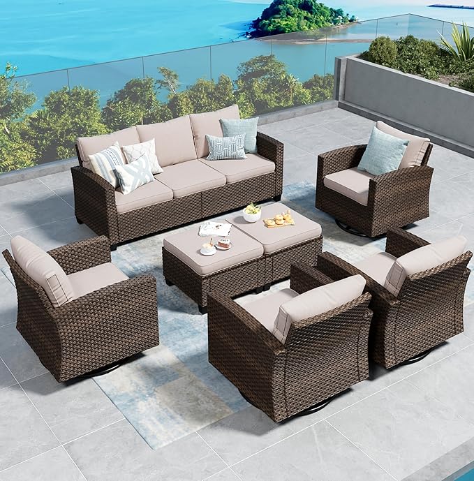 SUNSHINE VALLEY Swivel Glider Patio Furniture Set Outdoor Furniture Brown Wicker Rattan Patio Conversation Sets with Cushion Outside Sofa Set,7 Pieces,9 Seats,Beige