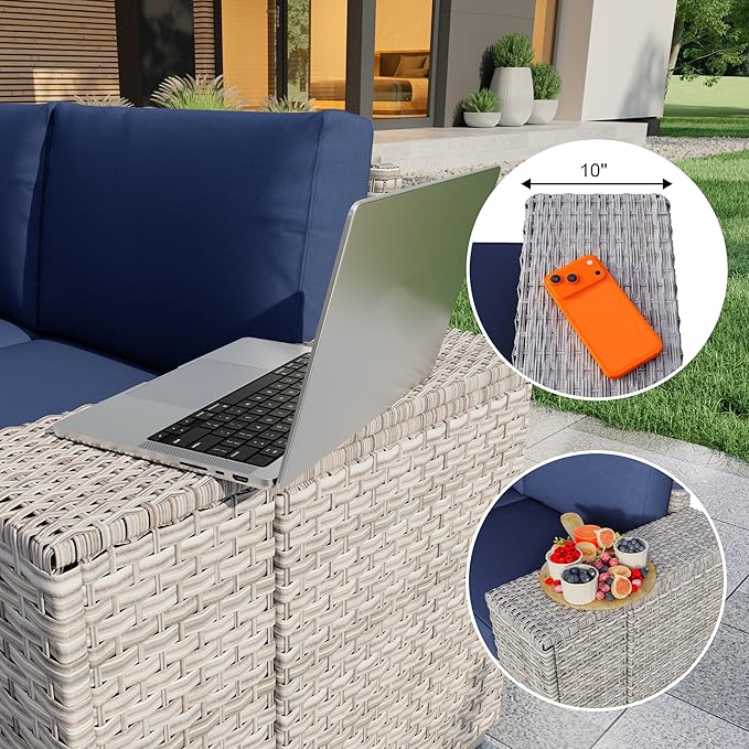 PCSXDSW 12 Pieces Patio Conversation Set, Rattan Furniture Set with Wide Armrests and Coffee Table, Outdoor Modular Sectional Couch Wicker Sofa for Garden Backyard Balcony Porch Deck (Blue Cushions)