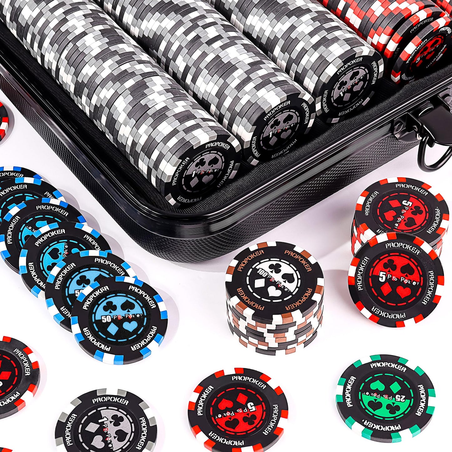 Versa Games Pro Poker Chips - Poker Set 13.5g 500 Piece Casino Clay Poker Chips with Denomination Numbers for Texas Holdem - New Upgraded Poker Chip Case