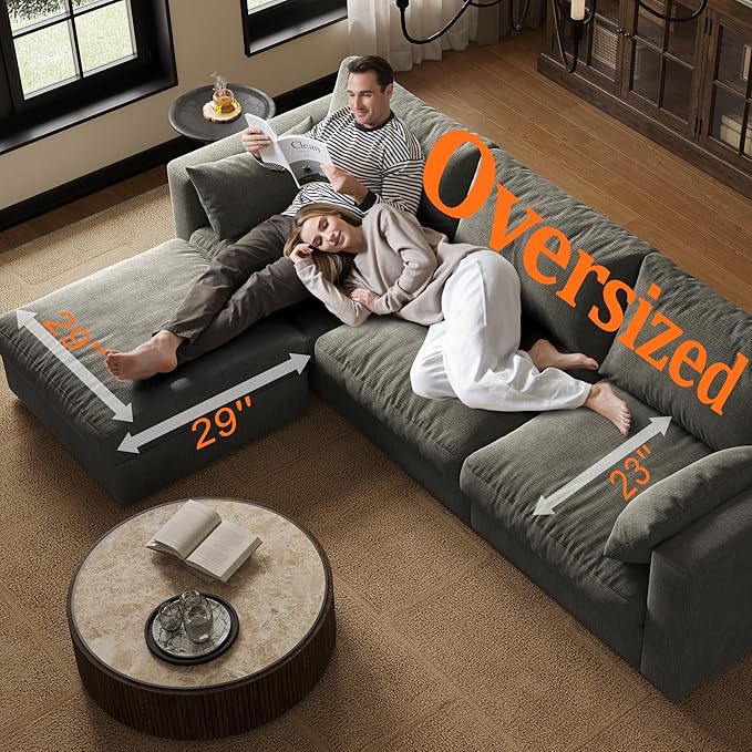 Cloud Modular Sectional Sofa Couch with Storage Ottoman, 128" Oversized Sectional Couches for Living Room, Cloud Modular L-Shaped Sofa with Chaise, 5 Seater, Chenille, Dark Gray