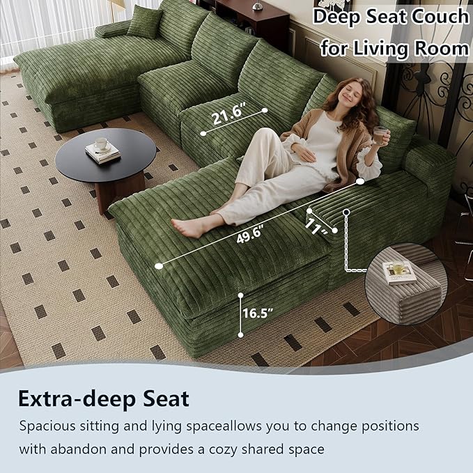 136" Cloud Sectional Couch U-Shaped Chaise with Ottoman, Corduroy Boneless Couch for Living Room Bedroom, Deep-Seat Upholstered Modular Cloud Sofa, No Assembly Required (Green, Left Facing Chaise)