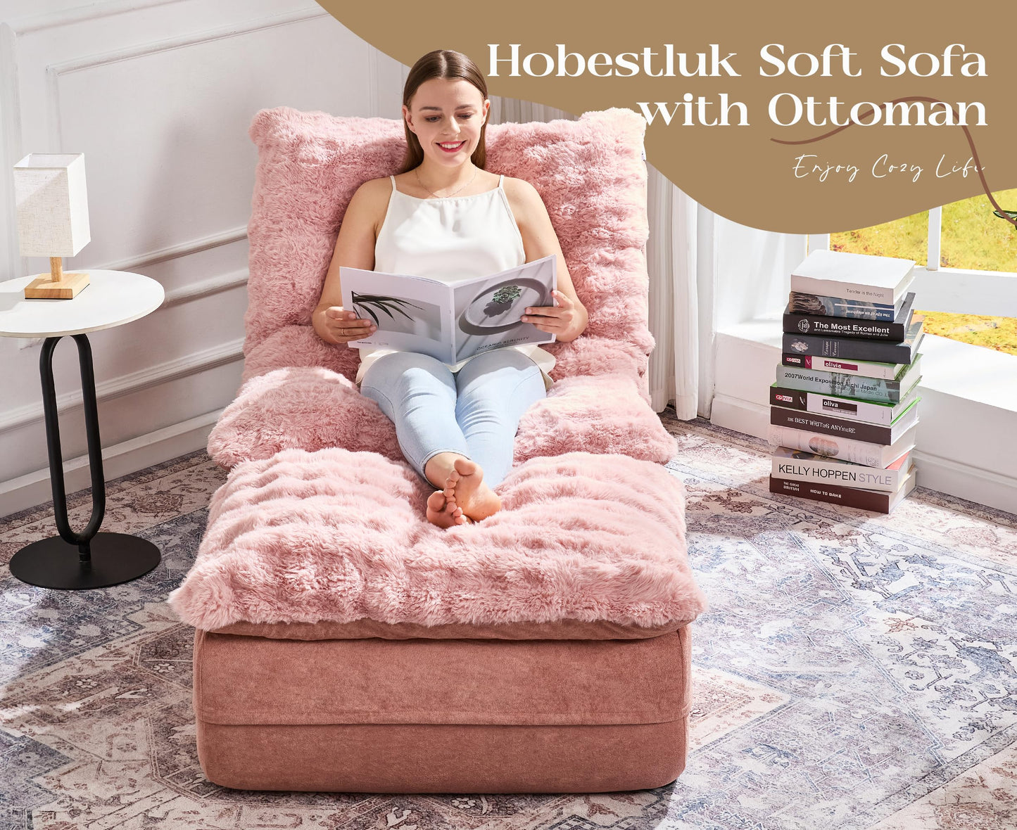 Hobestluk Sofa Couch Foam Sofa for Small Spaces Comfy Sofas with footrest Couch Recliner Small Sofas for Living Room, Bedroom, Apartment (Pink)