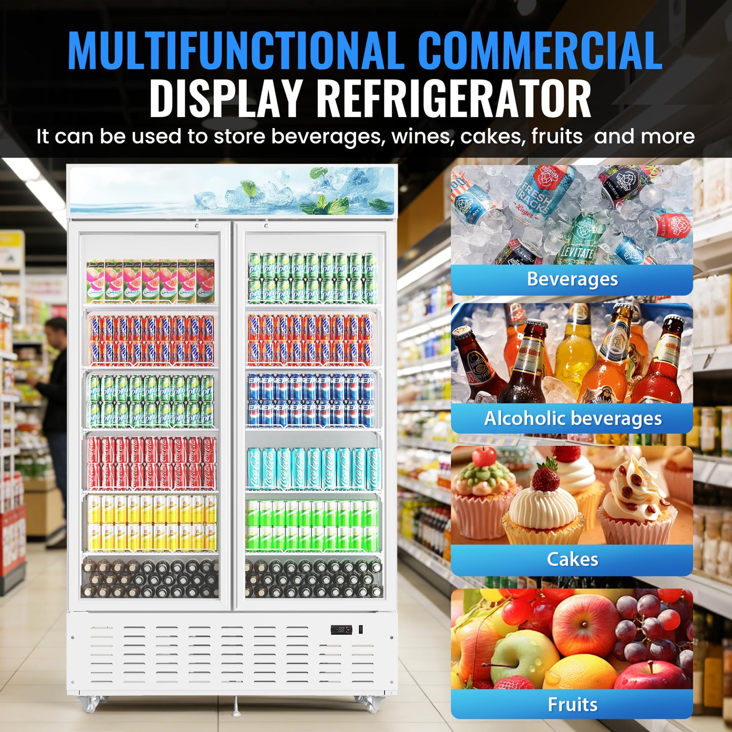 Frostvale 41 Cu.Ft Commercial Display Refrigerator, White 2 Glass Door Beverage Cooler with Lighted Header, ETL Upright Merchandiser Fridge for Drinks, Soda, Beer, Restaurant, Store