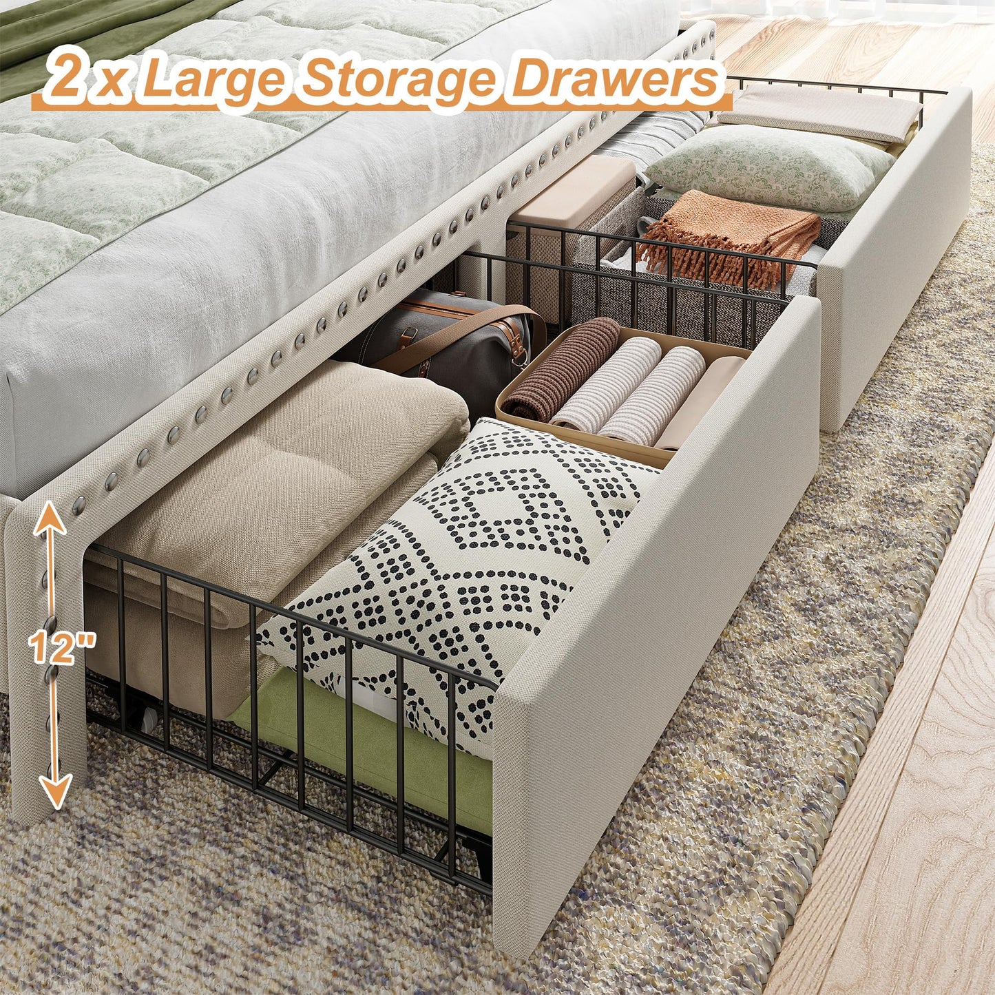 EnHomee Full Size Bed Frame with 2-Tier Storage Headboard, Upholstered Platform Bed Frame with 2 Storage Drawers, Sturdy Wooden Slats Support, Noise-Free, No Box Spring Needed, Beige