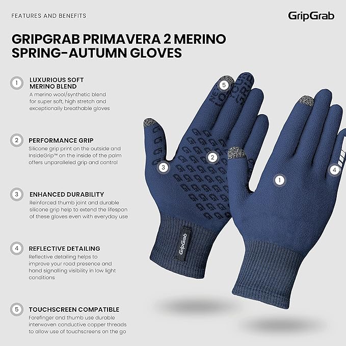GripGrab Primavera 2 Merino Wool Spring Autumn Cycling Gloves Knitted Touchscreen Full Finger Anti Slip Bicycle Liners