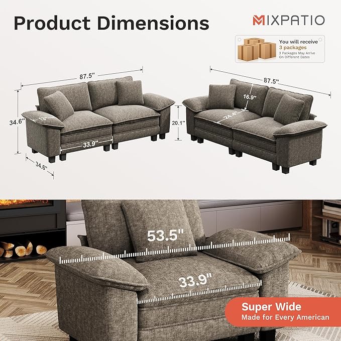 MIXPATIO L-Shaped Cloud Modular Sofa Set, Deep Seat 2-Piece 4-Seater Sectional Couch & Removable Arms, Plush Chenille for Living Room - Smoky Gray