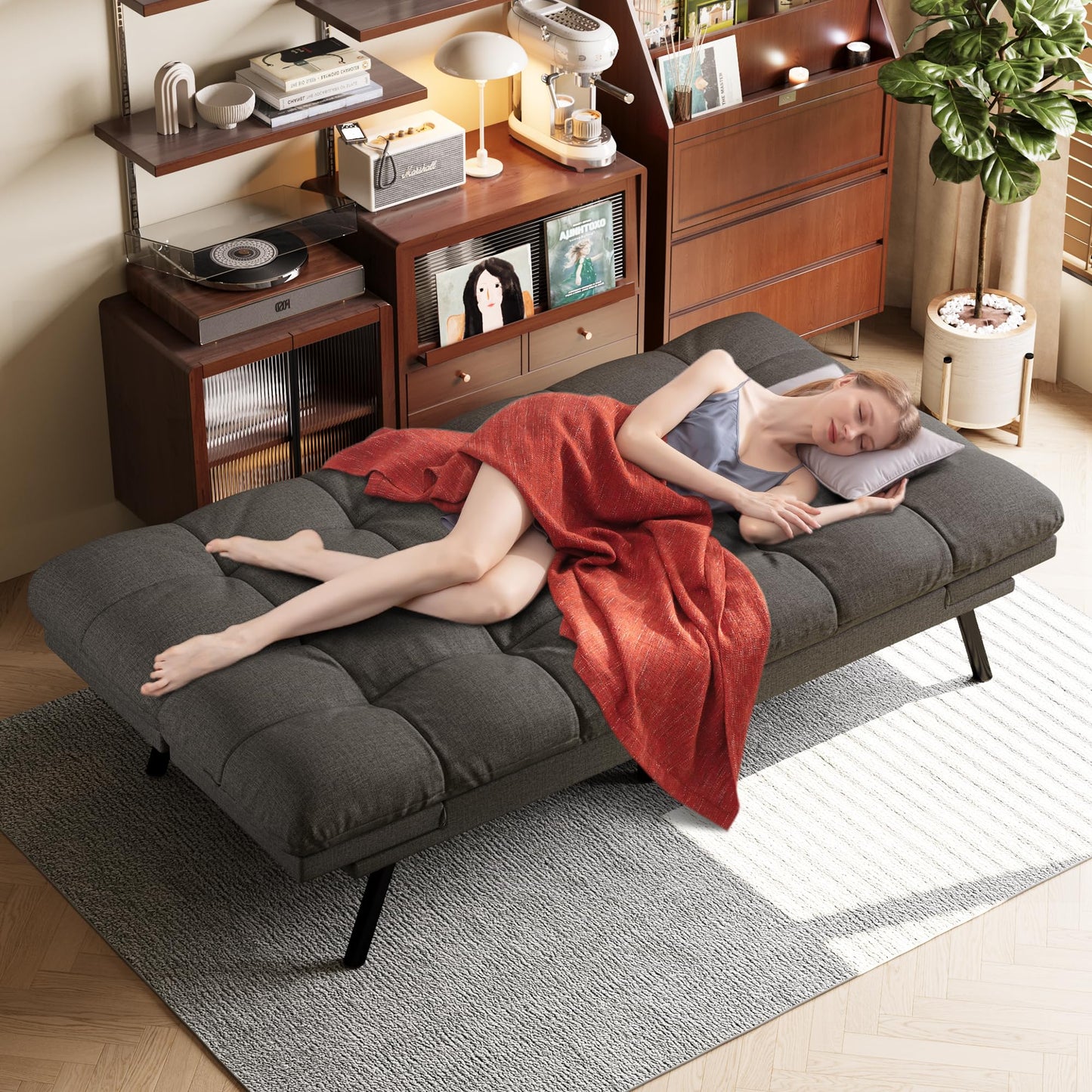 Opoiar Convertible Futon Sofa Bed,71" Memory Foam Futon Couch,Detachable Cushion,Adjustable Backrest & Armrest,Linen Modern Loveseat Sleeper Recliner for Living Room,Office,Apartment,Retro Grey