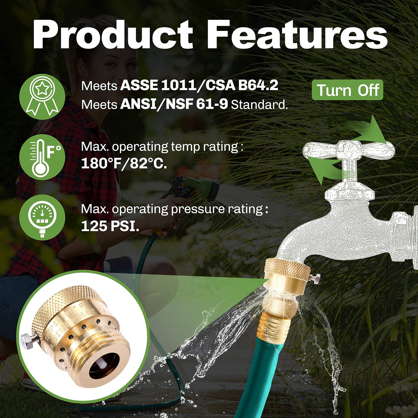 Litorange 2 Pack Brass 3/4" Inch GHT Hose Bibb Connector Backflow Preventer Vacuum Breaker