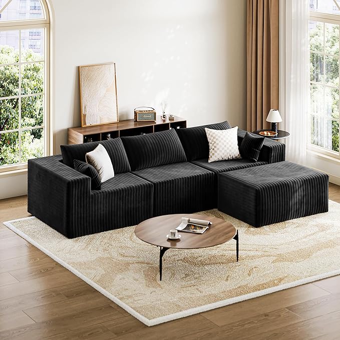 CABZOON 110" Cloud Couch Sectional for Living Room L-Shape Boneless Couches Modular Sectional Sofa with Deep Seat with Chaise,No Assembly Required,Carbon Black(Plush Corduroy Fabric)
