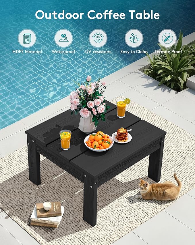 SERWALL HDPE Outdoor Furniture Set, 6 Seats Outdoor Sectional with Coffee Table, Outdoor Conversation Sets with Adjustable Backrest Sofa for Deck, Yard and Balcony, Black Frame with Grey Cushion