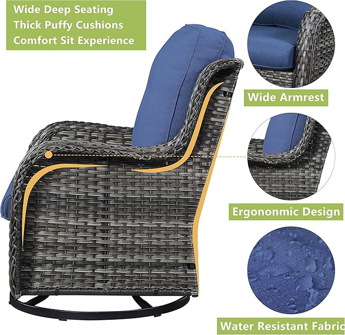 Rilyson Wicker Patio Furniture Set - 6 Piece Rattan Outdoor Sectional Conversation Sets with 2 Rocking Swivel Chairs,2 Ottomans,1 Sofa and 1 Loveseat for Porch Deck Garden(Mixed Grey/Blue)