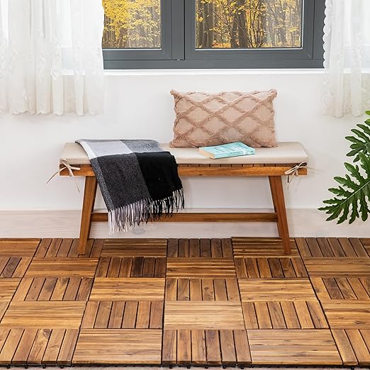 VICTORY RELAX Acacia Wood Decking Tiles 9PCS - Easy Snap Interlocking Deck Tiles for Patio Poolside Balcony Decor - All Weather Waterproof Flooring for Indoor & Outdoor (Round Joints)