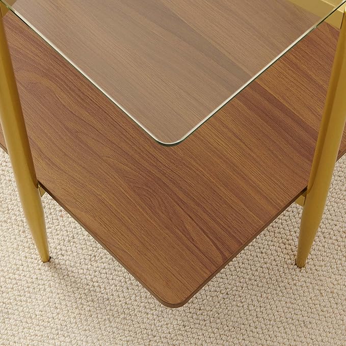 Pine Flicker Square Glass End Table, Mid-Century Modern Sofa Table, L20*W20*H23 inch for Living Room, 2-Tier Structure, Clear Glass Top and Walnut MDF Shelf, Sleek Conical Metal Legs with Gold Finish