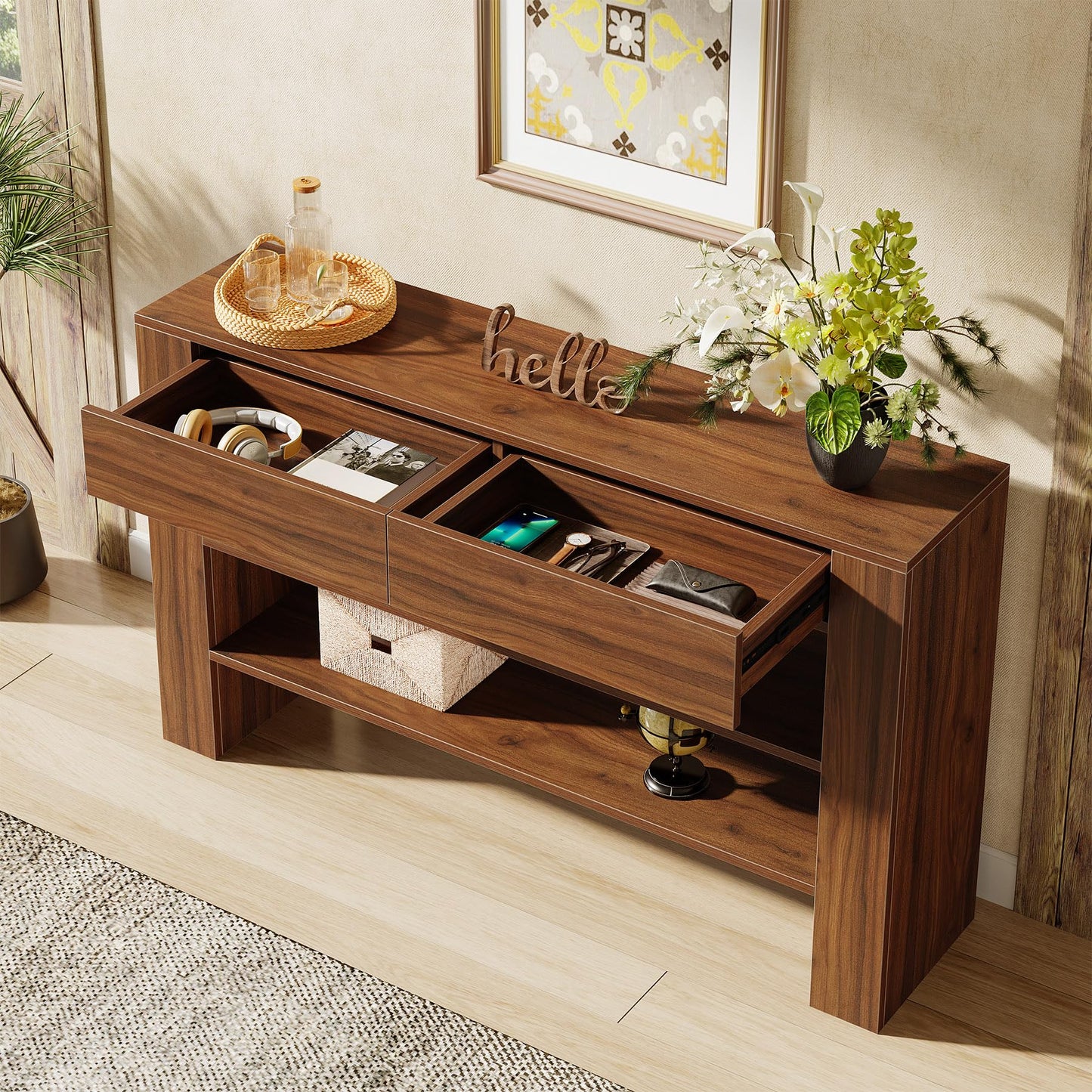 Tribesigns 53.15-Inch Console Table with 2 Drawers, 3-Tier Entryway Table with Storage for Living Room, Sofa Console Behind The Couch for Foyer, Hallway, Entrance (Dark Walnut)