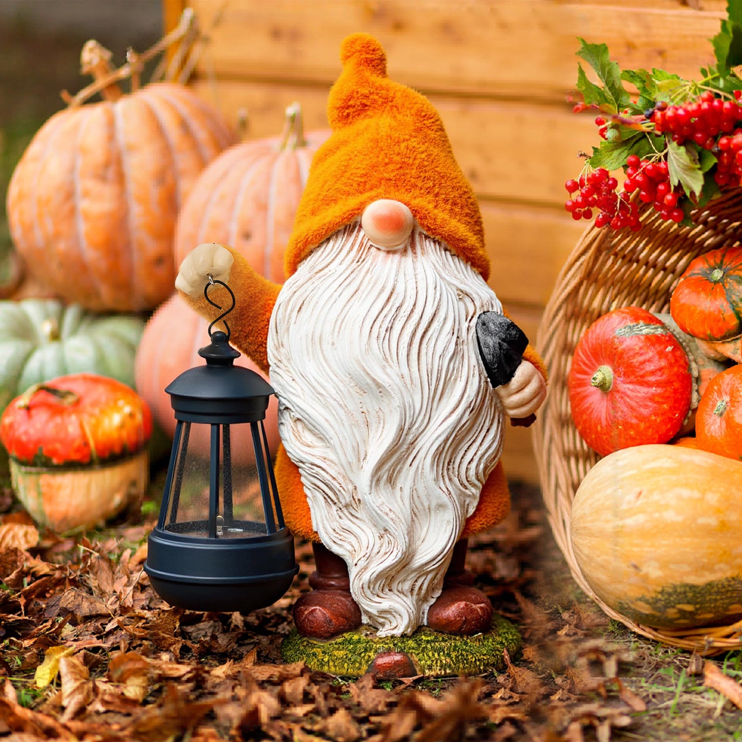 TERESA'S COLLECTIONS Fall Decor, Fall Gnome Decor, Autumn Garden Gnomes Holding Lantern with Solar Lights,Waterproof Resin Fall Decor Outdoor, Fall Gifts Outdoor/Indoor,8"