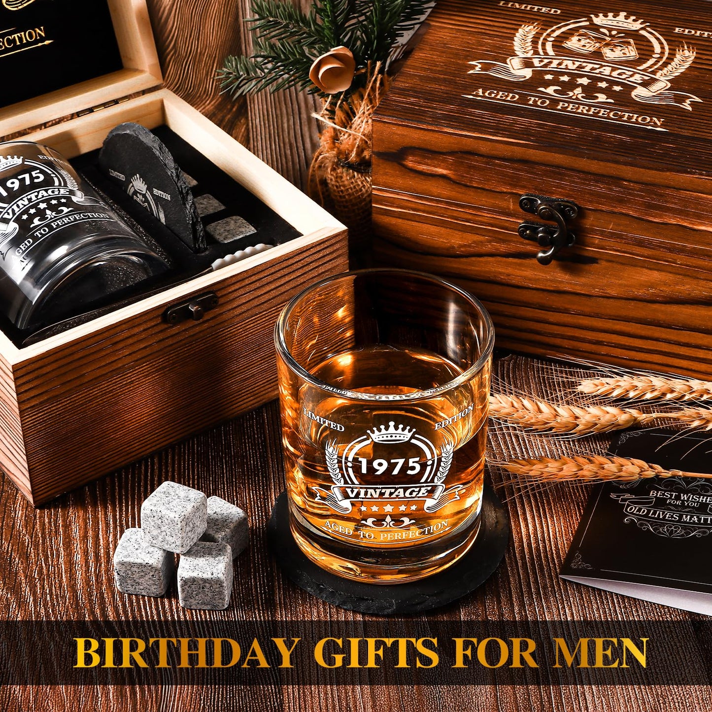 veecom 50th Birthday Gifts for Him, Funny 50th Birthday Gifts for Men, 12oz Whiskey Glasses for Dad, Boss, Brother, Mens 50th Birthday Gift Ideas, Cool Gifts for 50th Birthday Bourbon Gift, Wood Box