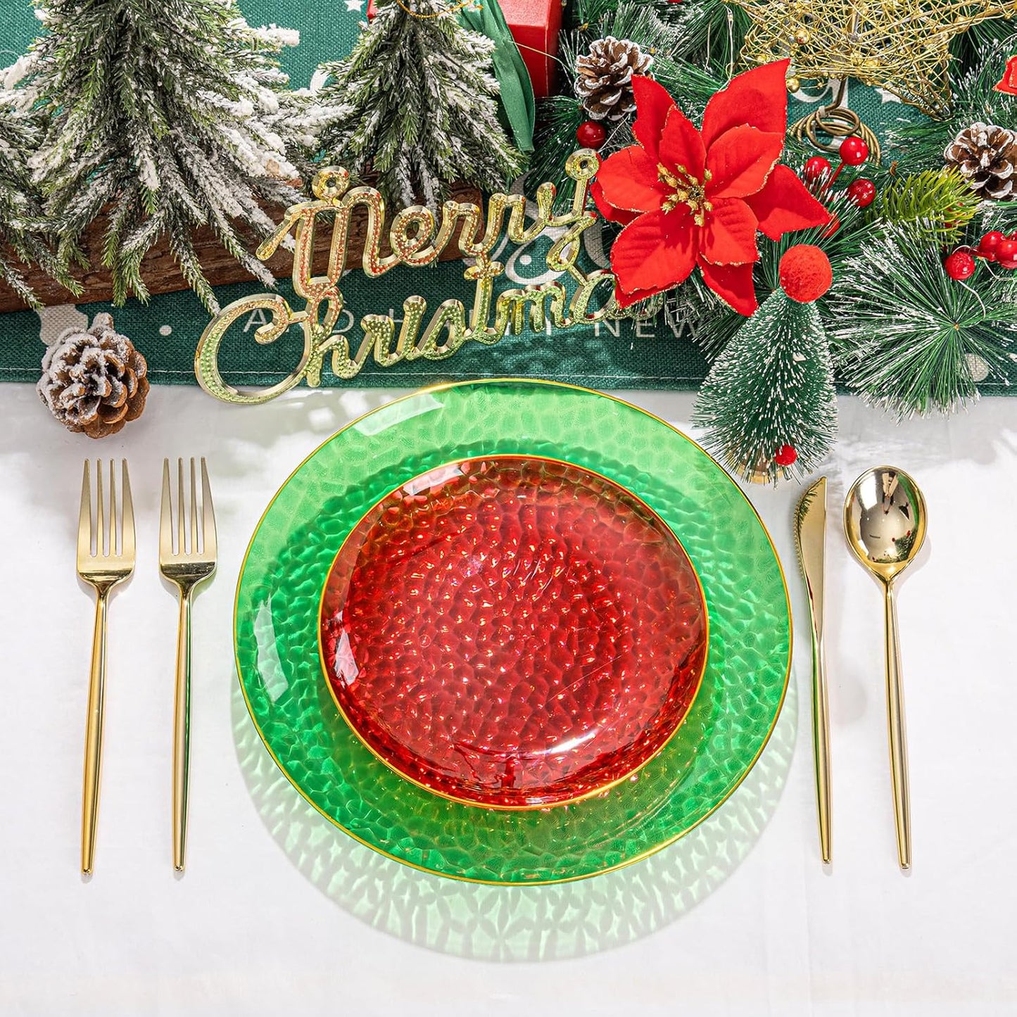 Rubtlamp 60 Pcs Christmas Plasitc Plates, Clear Green Red Plastic Plates With Gold Rim, Red Green Hammered-design, Include 30 Red Dessert Platos, 30 Green Dinner Platos, Perfect For Christmas