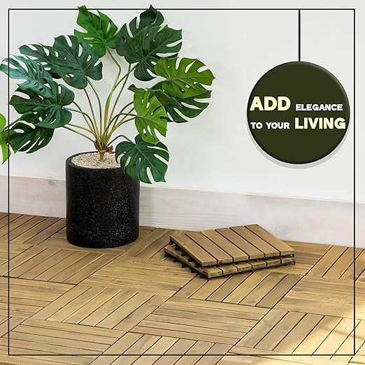 VICTORY RELAX Acacia Wood Decking Tiles 9PCS - Easy Snap Interlocking Deck Tiles for Patio Poolside Balcony Decor - All Weather Waterproof Flooring for Indoor & Outdoor (Round Joints)