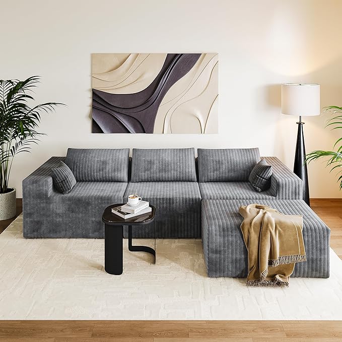 CABZOON 110" Cloud Couch Sectional for Living Room L-Shape Boneless Couches Modular Sectional Sofa with Deep Seat Plush with Chaise,No Assembly Required, Carbon Gray(Plush Corduroy Fabric)