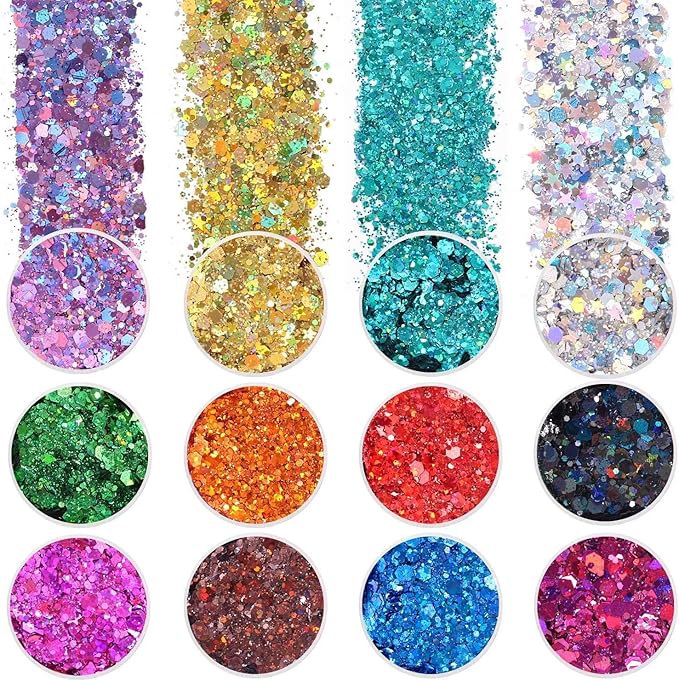 Holographic Chunky Glitter, Set of 12, Licool Craft Glitter for Resin Art Crafts, Cosmetic Glitter for Nail Body Face Eye,...