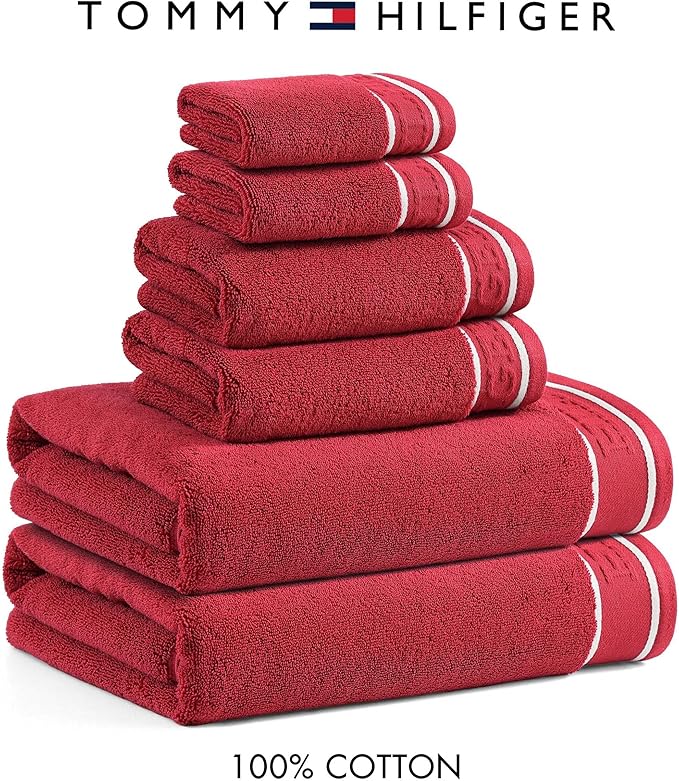 Tommy Hilfiger - Bath Towels, 100% Soft & Absorbent Plush Cotton with Zero Twist Constructions, Quick Dry and Medium Weight Bathroom Towels (Legacy Red, 6 Piece)