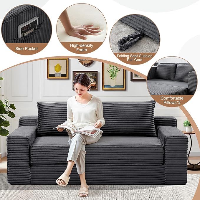 73" Convertible Sofa Bed, 2 in 1 Folding Couch Bed, Boneless Couch in a Box, Cloud Loveseat Sleeper, Fold Out Comfy Floor Futon Sofa with 2 Pillows for Living Room Bedroom, No Assembly (Grey, 73")