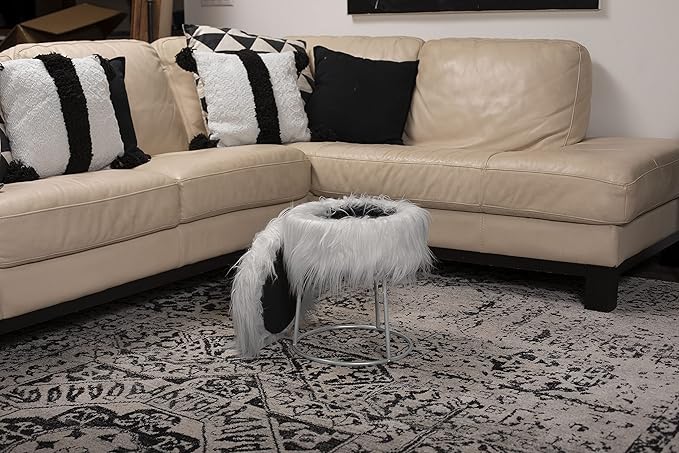 BIRDROCK HOME Round Faux Fur Foot Stool - Small Padded Ottoman with Soft Cushion for Living Room, Bedroom, or MakeUp Room - Modern Upholstered Accent Chair, Vanity Seat, Footrest for Couch/Sofa - Grey