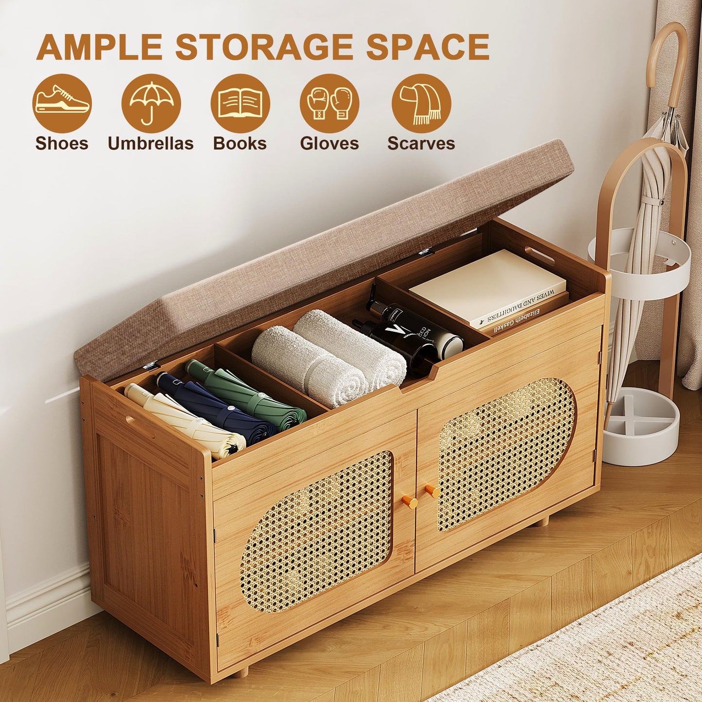 PETKABOO Rattan Shoe Storage Bench,Bamboo Entryway Bench, 2-Tier Shoe Rack,35.4" W x 12.6" D x 19.7" H with 2 Doors & Padded Seat Cushion for Entryway, Living Room, Bedroom, Natural