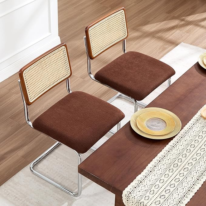 Zesthouse Rattan Dining Chairs Set of 2, Mid Century Modern Dining Room Chairs with Natural Cane Mesh & Chrome Base, Brown Cesca Chair for Kitchen, Breuer Design Inspired, Upholstered Chenille Fabric