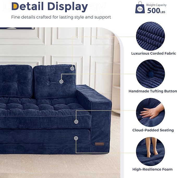 MAXYOYO Convertible Sofa Bed, Pull Out 3 Seater Sleeper Sofa, 2 in 4 Folding Couch Bed, Fold Out Floor Couch with Pillows for Living Room Bedroom Lounge, Navy